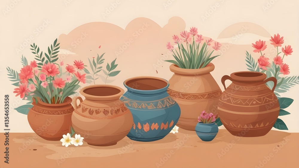 Fototapeta premium Pohela Boishakh Celebration with Traditional Clay Pots and Flowers