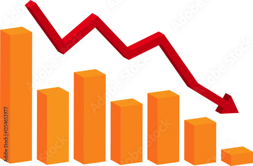 profit, wealth going down, downward chart with gold color 3d cube with red line arrow head shows loss the money, debt, market loss template