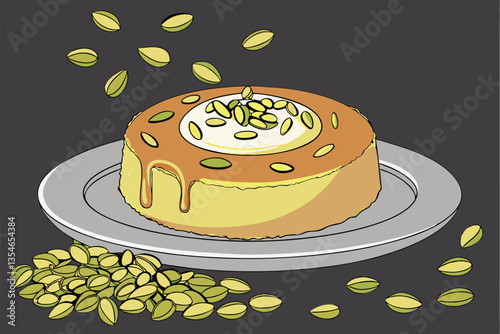 6 Middle Eastern dessert, kunefe, round pastry, green pistachio topping, melted cheese center, silver platter, honey syrup, pistachios scattered, matcha powder, dark moody background, food photography