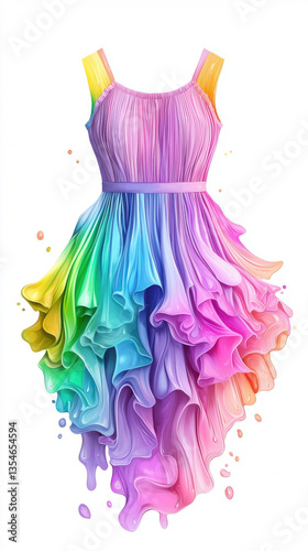vibrant rainbow dress with flowing ruffles, showcasing blend of colors from pink to yellow, evokes sense of joy and creativity