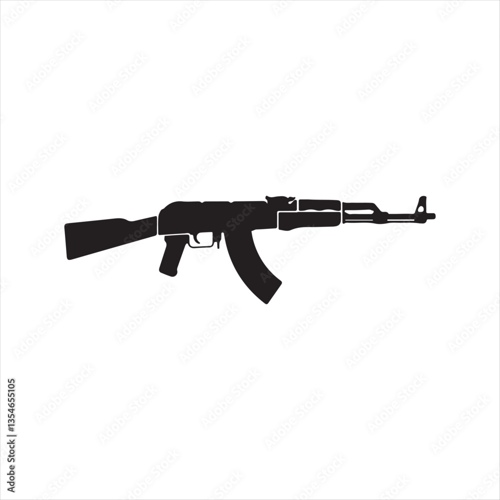 Black Military Gun Silhouette Isolated on White,AK47 Assault Weapon Vector Design,Tactical Rifle Icon in Black and White Black Military Gun Silhouette Isolated on White,AK47 Assault Weapon Vector Design,Tactical Rifle Icon in Black and White