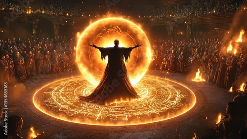 Powerful sorcerer performs ritual in ancient arena surrounded by awe-struck crowd during a fiery spectacle