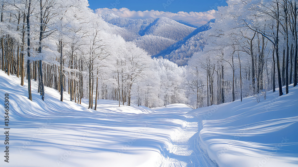 Obraz premium Snowy Winter Landscape: Forest Path to Majestic Mountains