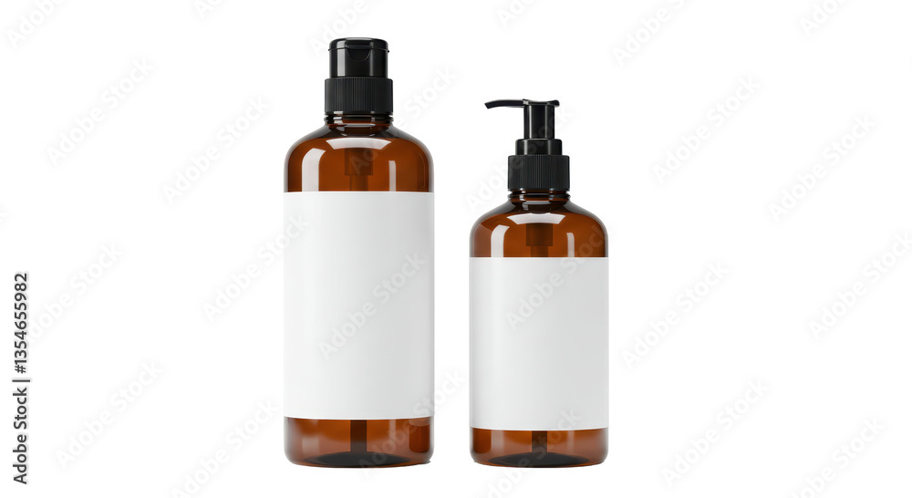 Isolated Brown Cosmetic Bottles with Blank White Labels Isolated Brown Cosmetic Bottles with Blank White Labels