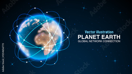 Earth Planet: Digital Globe with Glowing Global Connection Network - Abstract 3D Communication Map, Country Locations, and Futuristic Space Design. Vector.