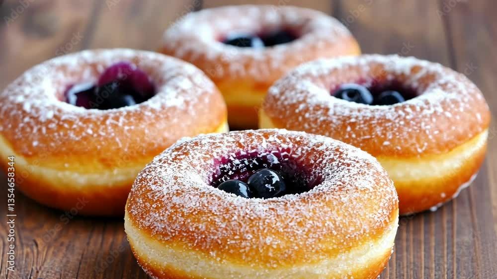 Freshly baked donuts filled with blueberry jam and dusted with powdered sugar on a wooden table