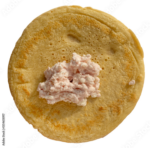 Round Fried Pancake Dough With Pink Cottage Cheese. Yellow Baked Omelette Dough on A White Background. Fresh Pancake Batter With Slightly Overcooked Spots.