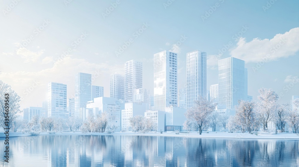 Fototapeta premium Serene Winter Cityscape Reflection in a Tranquil Lake Under a Clear Blue Sky with Modern Skyscrapers