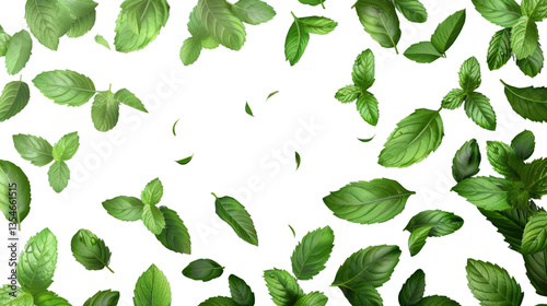 Fresh Mint Leaves : a collection of vibrant mint leaves artfully arranged, offering a refreshing and natural aesthetic, perfect for culinary or wellness themes. 