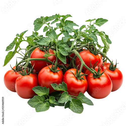 A Lush Tomato Plant with Ripe Red Tomatoes and Basil Isolated on Transparent Background
