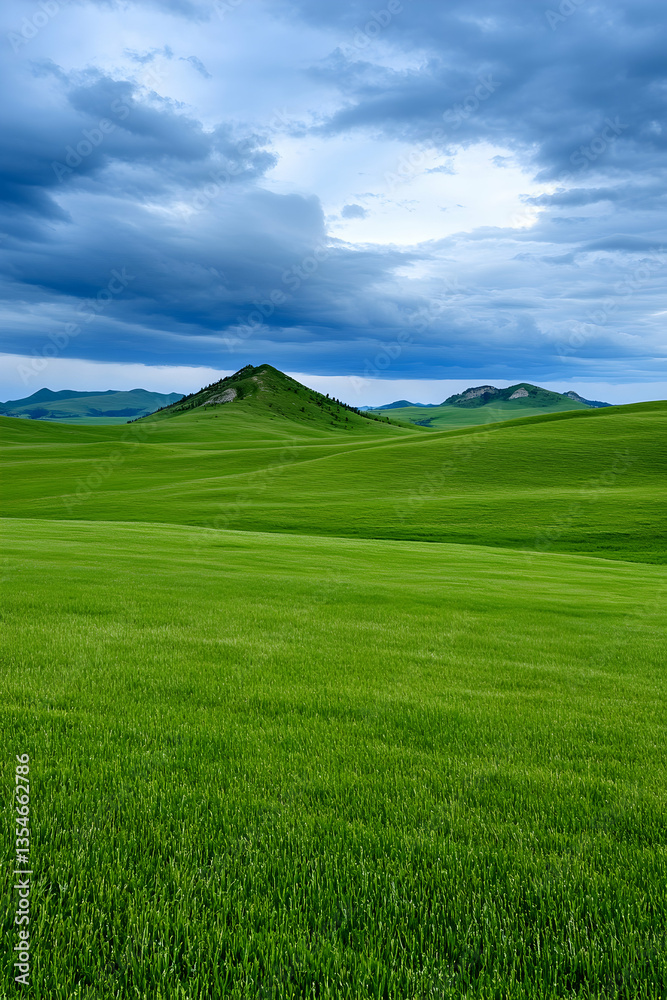 Fototapeta premium Lush green field under a dramatic sky, rolling hills in the distance
