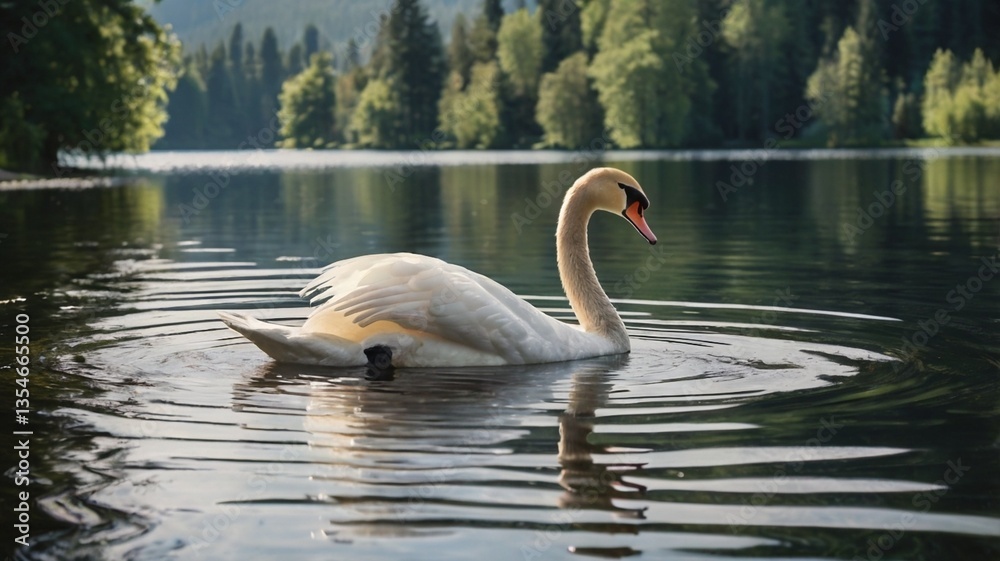 Graceful white swans swim calmly on the lake, their reflections mirroring nature's beauty Graceful white swans swim calmly on the lake, their reflections mirroring nature's beauty