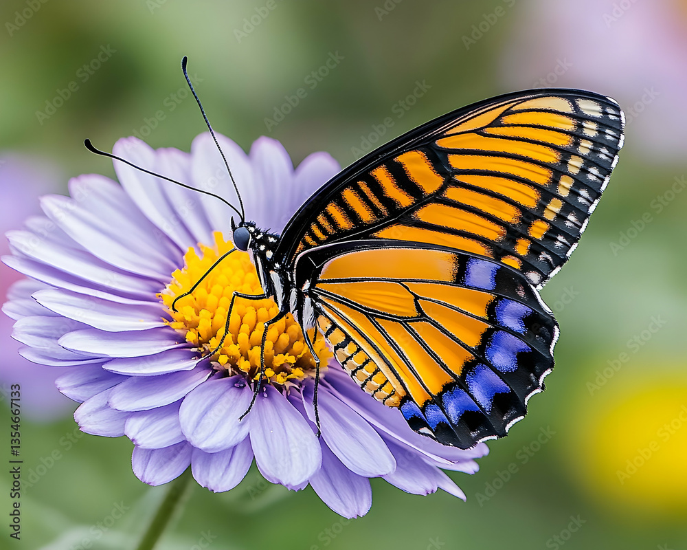 Fototapeta premium Orange and blue butterfly perched on a purple flower