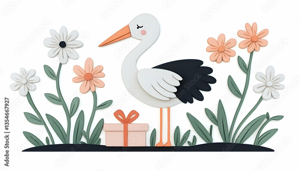 Fototapeta premium Papercraft stork with gift amidst blooming flowers