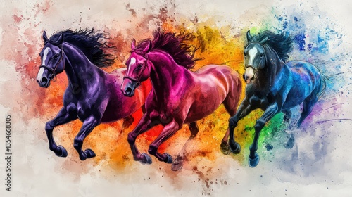 A colorful digital illustration featuring three vibrant horses in mid-gallop, each depicted in a different color: