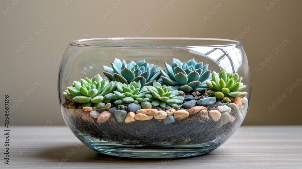 A creative close-up of a handmade terrarium, complete with tiny succulents and decorative stones, set against a neutral background with soft natural light.