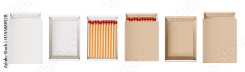 Matchbox, empty package for match sticks in top and perspective view. Realistic mockup of 3d blank box. Stages of burning the match. Symbol of ignition burning. Vector