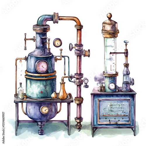 Distillation Apparatus, watercolor illustration, isolated on a white background.