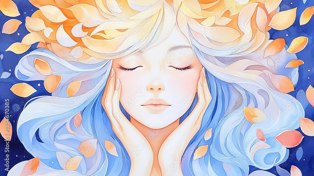 A serene woman with flowing hair surrounded by leaves, embodying peace and tranquility in an artistic style. A serene woman with flowing hair surrounded by leaves, embodying peace and tranquility in an artistic style.