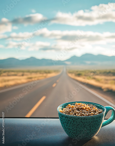 Road trip breakfast looks appetizing against breathtaking scenery, creating feeling of peaceful anticipation and eagerness photo