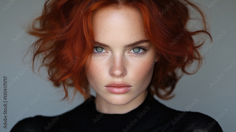 Fototapeta premium Close-up portrait of a woman with vibrant red hair and striking blue eyes. Her expression is serious and confident. Soft lighting enhances facial features