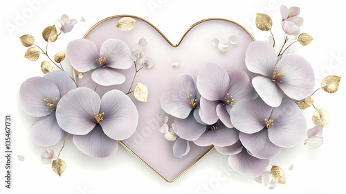 Elegant heart-shaped frame adorned with delicate pastel-colored flowers and gold accents