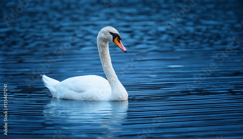 Fototapeta Naklejka Na Ścianę i Meble -  A graceful swan gliding peacefully on a serene lake. The swan's pristine white plumage and elegantly curved neck create a stunning visual contrast against the shimmering blue water