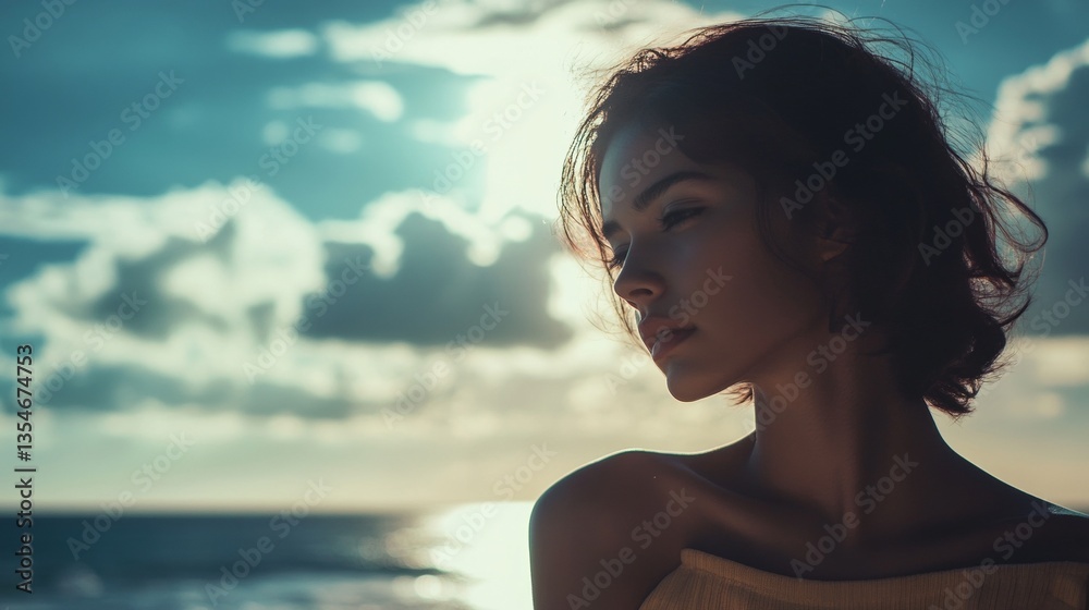 Contemplative young hispanic female by the ocean at sunset Contemplative young hispanic female by the ocean at sunset