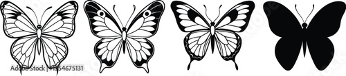 butterfly flying. silhouette vector butterfly set. liner art butterfly. Vector illustration of butterfly on white background. There are two versions, black shape and liner art.