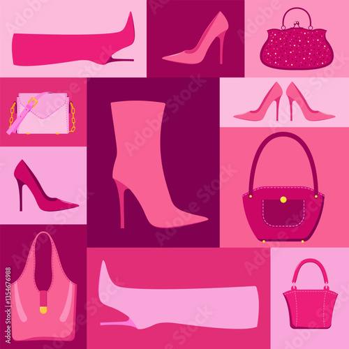 The composition is a showcase with pink bags and boots. Flat style.