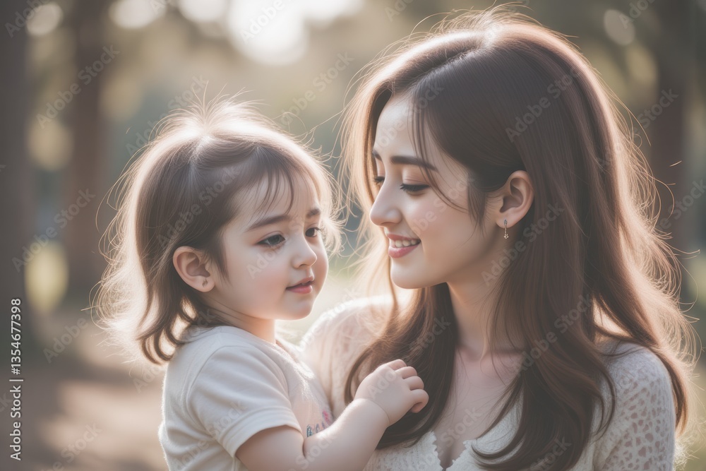 Obraz premium Young Mother Holding Cute Toddler Daughter Outdoors in Park, Happy Family Moment, Mother's Day, Sunny Day, Motherhood