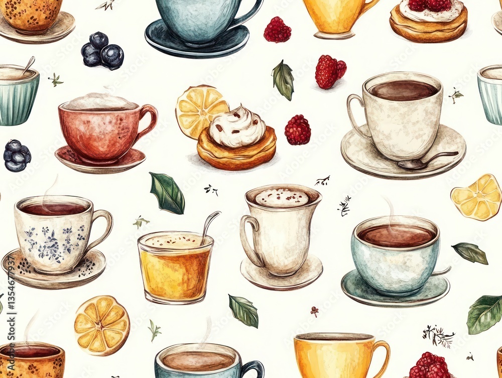 Watercolor Pattern Of Tea Cups Teapots Pastries Berries And Lemon Slices On White Surface Watercolor Pattern Of Tea Cups Teapots Pastries Berries And Lemon Slices On White Surface