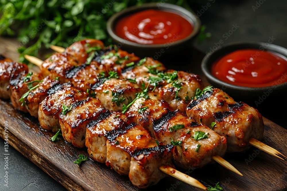 Grilled Meat Skewers with Tomato Dip, Fresh Parsley on Dark Wood Serving Board CloseUp Grilled Meat Skewers with Tomato Dip, Fresh Parsley on Dark Wood Serving Board CloseUp