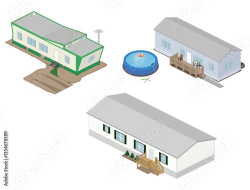 Isometric mobile home, single wide, and double wide illustration with some props