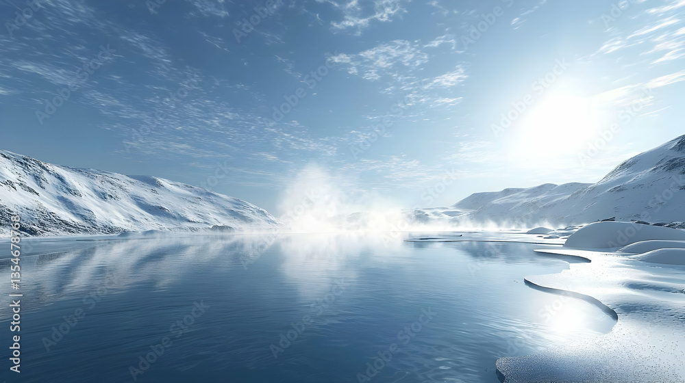 Frozen landscape, serene winter scene. Crystal-clear ice-covered lake reflecting snow-capped mountains under a vibrant blue sky. A gentle breeze creates a subtle mist Frozen landscape, serene winter scene. Crystal-clear ice-covered lake reflecting snow-capped mountains under a vibrant blue sky. A gentle breeze creates a subtle mist