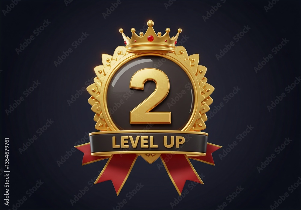 Fototapeta premium Gold Level Up Badge with Crown and Red Ribbon - Achievement Icon for Gaming and Rewards