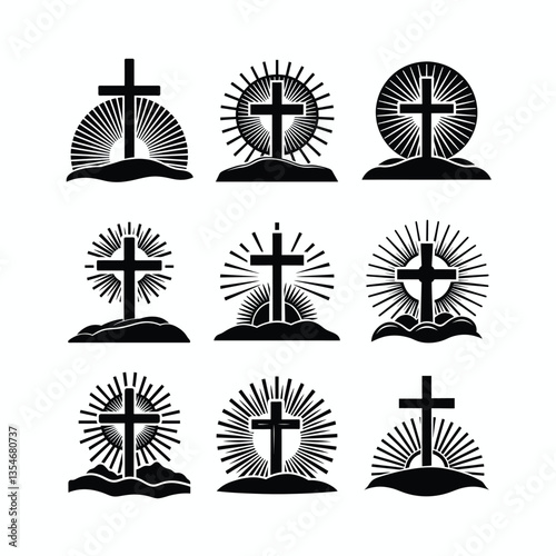 Beautiful Easter Sunday cross silhouette Bundle with a glowing effect, ideal for faith-based designs, posters, and greeting cards.