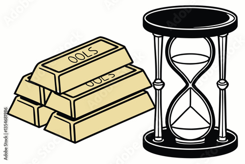 9 Gold bars, hourglass, time is money, wealth management, financial planning, black sand timer, precious metals, investment concept, shiny gold ingots, time value, white background, studio photography