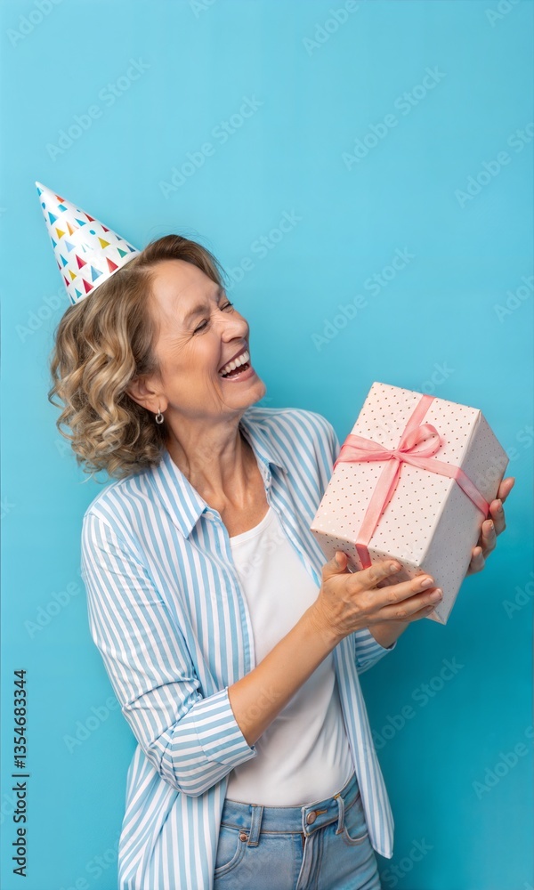 Happy birthday woman with gift box on blue background. Girl smiling, happy with present. (Happy Birthday) Happy birthday woman with gift box on blue background. Girl smiling, happy with present. (Happy Birthday)