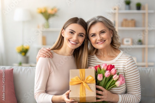 Wallpaper Mural Happy Mother's Day! Beautiful young woman with her mother, flowers, and gift box at home (Happy Birthday) Torontodigital.ca