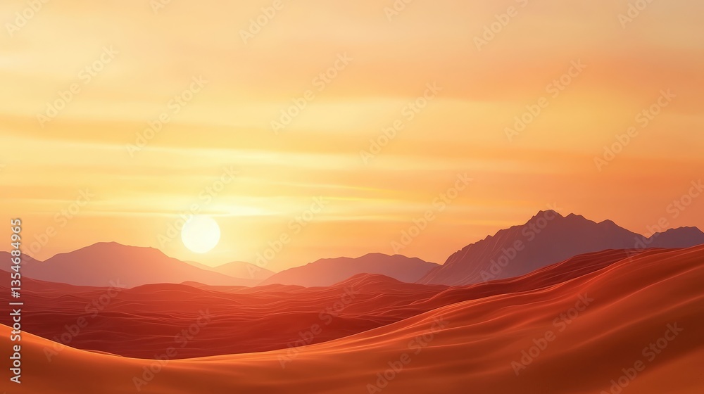 Fototapeta premium A serene desert landscape at sunset, showcasing rolling sand dunes and distant mountains under a warm, glowing sky.