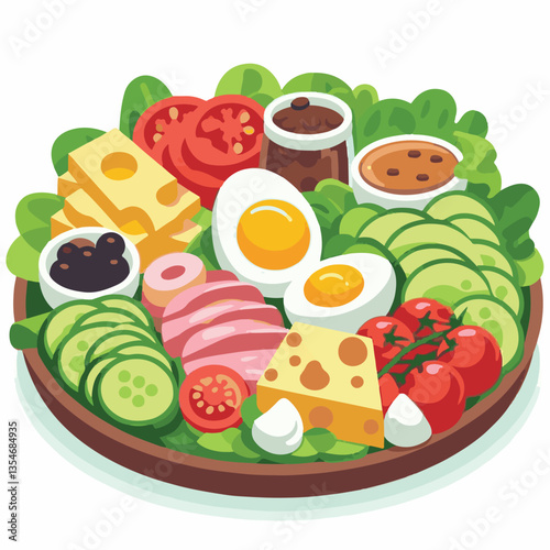 food, lunch, vegetable, salad, meal, tomato, lettuce, cobb, avocado, chicken, dinner, egg, green, keto, american, meat, chopped, cuisine, bacon, diet, plate, fresh, healthy, gourmet, leaf, cobb salad,