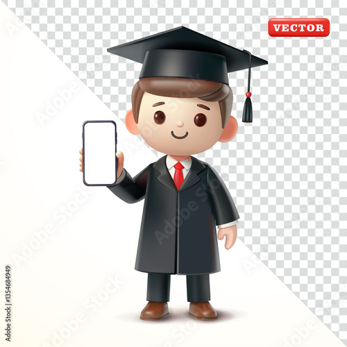 Graduation man showing smartphone screen he is holding, 3D vector. Suitable for events and education