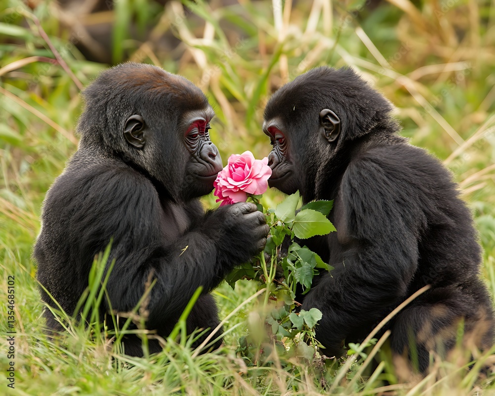 Two juvenile gorillas share a rose in a grassy environment Two juvenile gorillas share a rose in a grassy environment