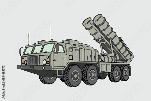 Green vector missile system. of an old army military transport truck with big wheels, an isolated heavy war toy vehicle