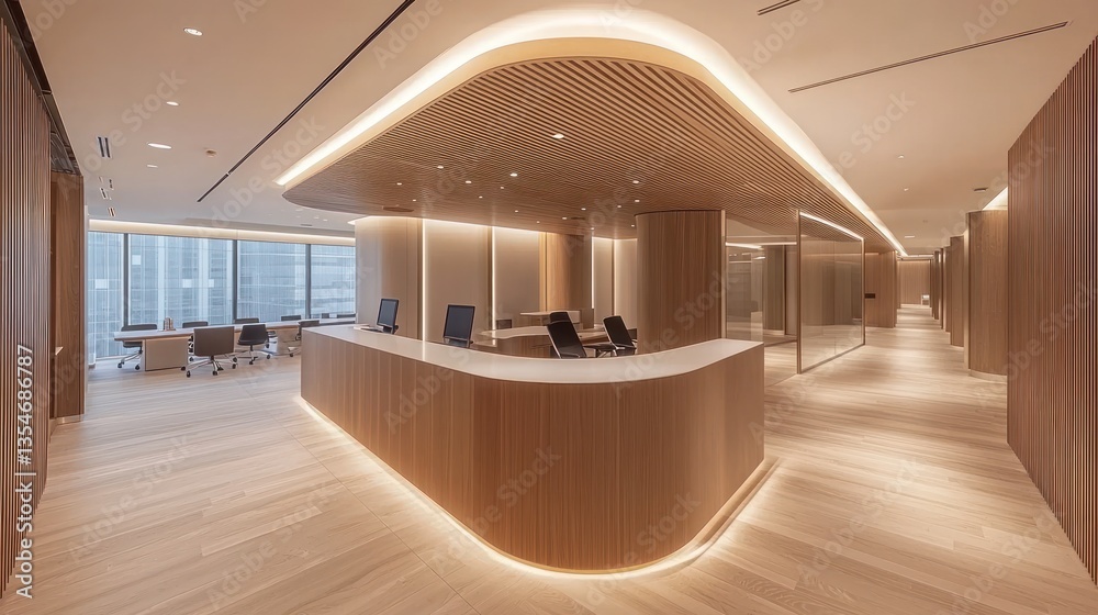 Obraz premium Modern Minimalist Office Interior Design: Sophisticated Workspace with Wooden Accents and Ambient Lighting