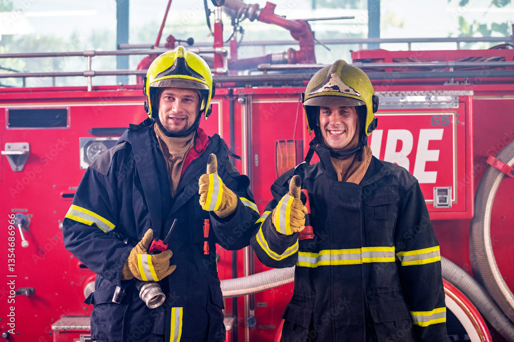 Firefighters in fire fighter safety suit stand in front of Fire truck in emergency situation.. - Safety Firefighter and industrial concept.