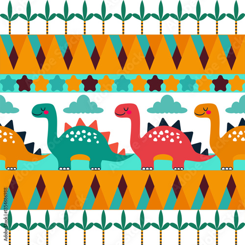 Fun and colorful tribal-inspired dinosaur seamless pattern with geometric elements, plants, and stars. Perfect for kids’ fabric, textiles, baby clothes, bedding, and nursery decor.
