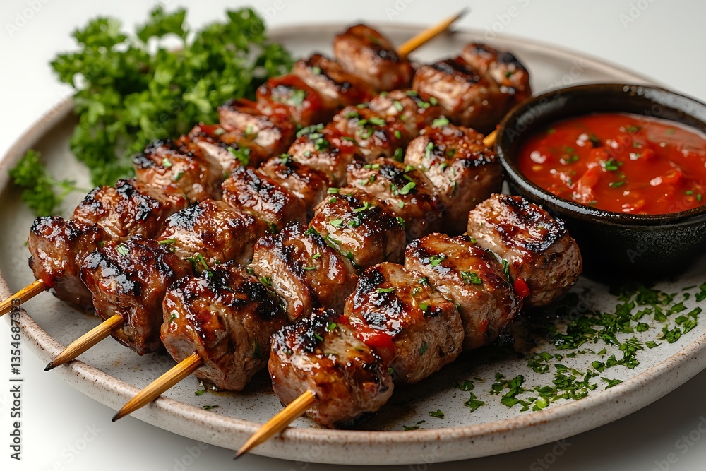 Grilled Meat Skewers, Glazed, Cilantro, and a Bowl of Red Sauce on a Ceramic Plate Grilled Meat Skewers, Glazed, Cilantro, and a Bowl of Red Sauce on a Ceramic Plate