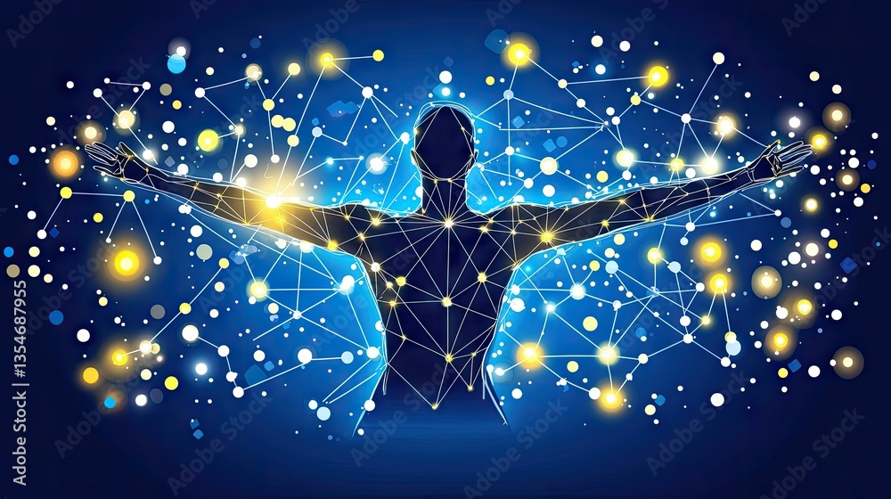 Naklejka premium Abstract figure reaching in a digital network. Background lights, connection theme for tech